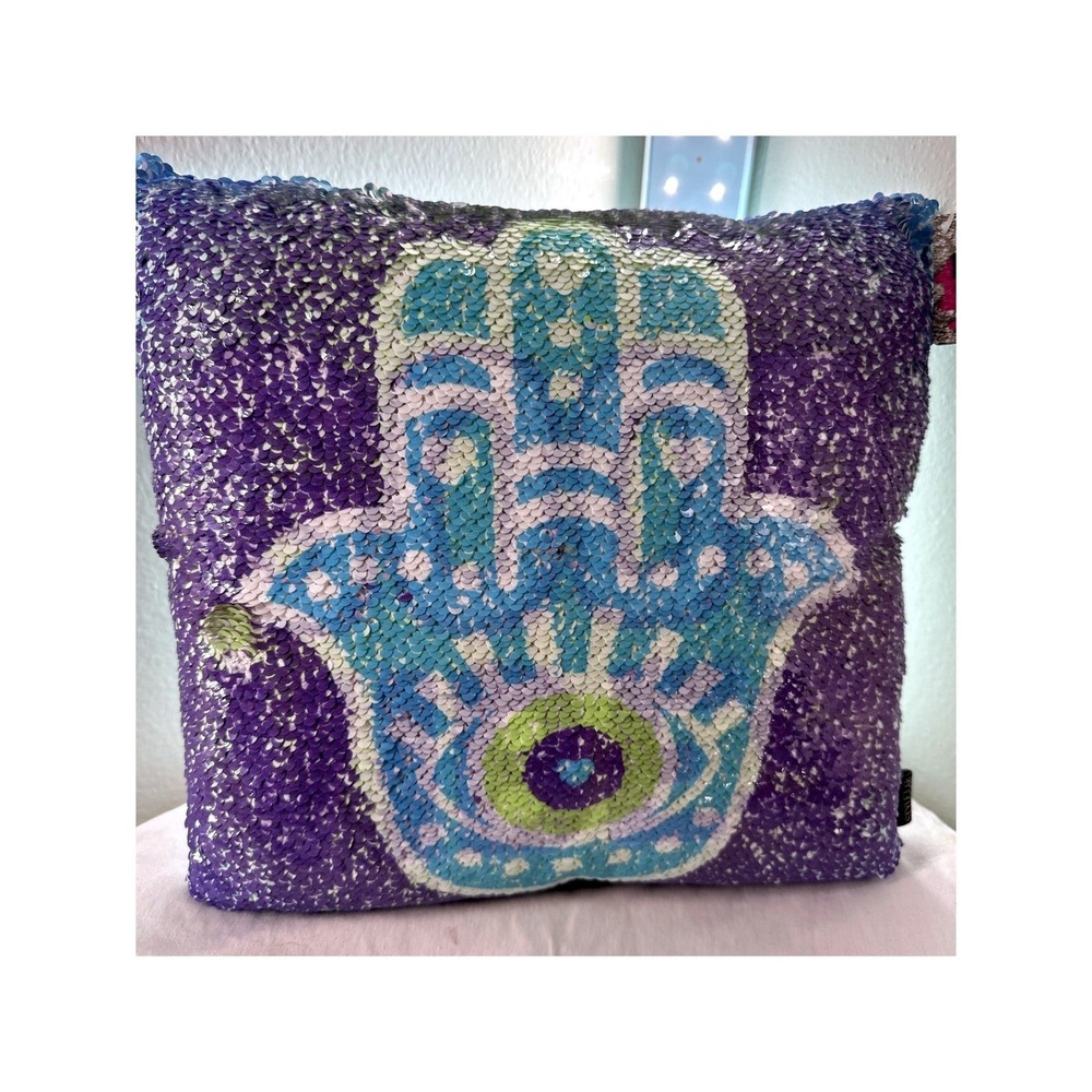 Fashion Angels Magic Sequin Hamsa Good Vibes Reversible Throw Pillow Turquoise